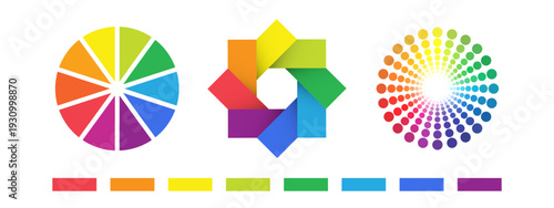 Set of color wheels, palettes and radial spectrum elements. Color swatches for harmony and design concepts
