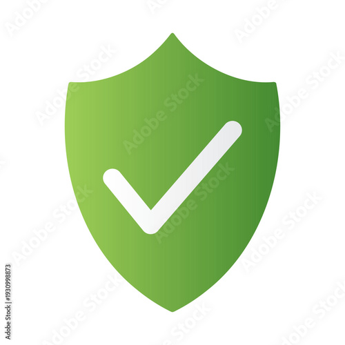 Green Gradient Shield Icon with White Checkmark, Verified Safety and Protection Symbol for Cyber Security, Antivirus and Health, Modern Minimalist Approved Guard Shape Isolated on White Background