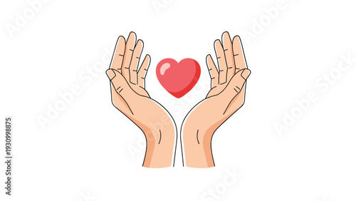 Pair of hands gently holding a red heart shape in a gesture of care love and compassion against a clean white background.
