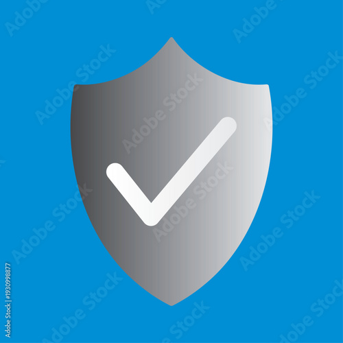 Silver Shield with White Checkmark Vector Icon on Blue Background, Professional Verified Security and Protection Symbol for Cyber Security and Software, Modern Approved Guard Shape for Branding