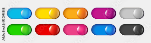 3D glossy toggle switch buttons set for settings, UI interface, app and web dashboard. Interactive interface elements
