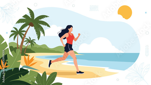Athletic woman enjoys a morning run along a beautiful tropical beach shoreline during a bright sunny day with palm trees.