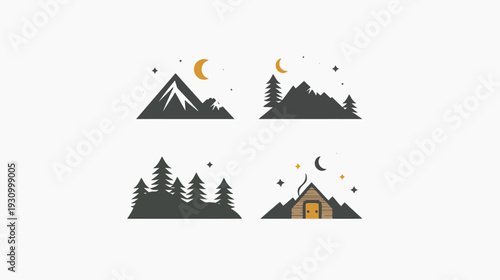 Collection of nature-themed vector illustrations, featuring mountains, trees, moon, stars, and a cabin