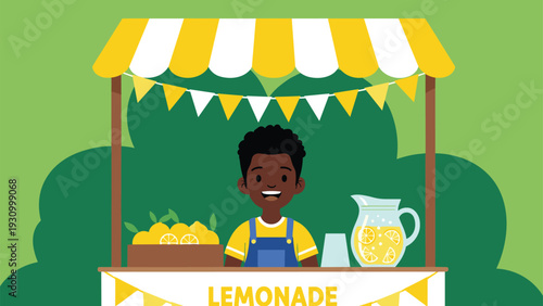 Smiling young boy stands proudly behind his sunny lemonade stand on a bright day surrounded by lush green garden bushes.