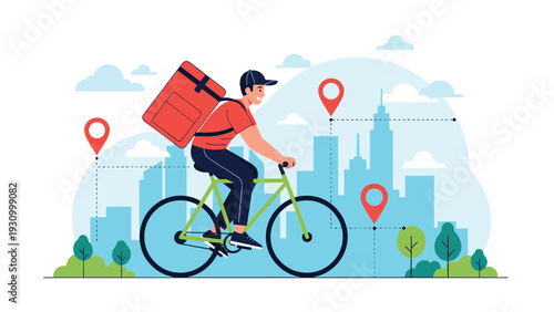 Friendly bicycle courier delivers packages through a modern city landscape marked by various colorful location map pins.