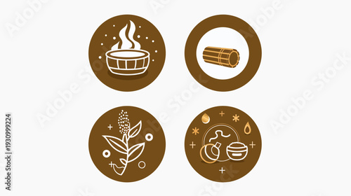 Four circular illustrations featuring spa elements like a wooden tub, rolled material, and plant