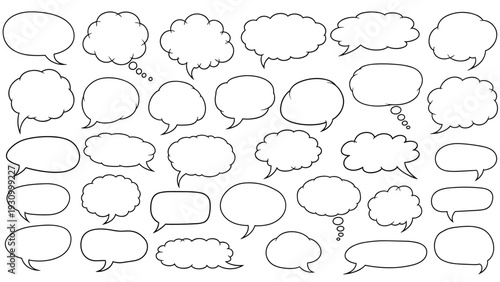 Wide variety of hand-drawn blank speech and thought bubbles are presented in a comprehensive set for comics and design.