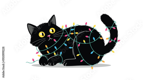 Curious black cat gets itself tangled in a string of glowing colorful Christmas lights on a festive winter holiday evening.