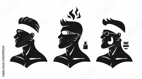 Three side-profile silhouettes of a man with different hairstyles, accessories, and objects