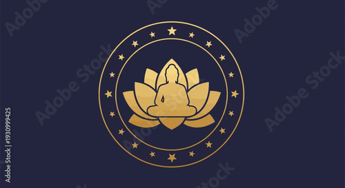 Golden Lotus Flower Icon with Stars.