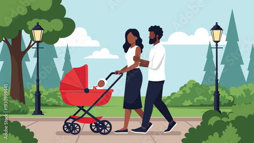 Happy black family goes for a pleasant stroll in a green public park with their baby resting in a bright red stroller.