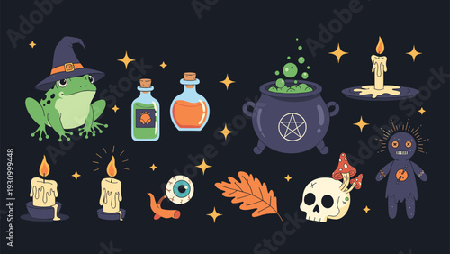 Magic and alchemy elements including a frog in a witch hat, potions, and a cauldron are set against a dark starry sky.