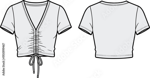 Technical fashion flat sketch of cropped short‑sleeved women’s top with deep V‑neckline, ruched center seam, drawstring bow hem, plain back view garment illustration for apparel construction