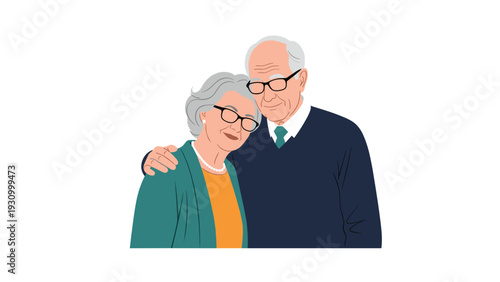 Tender moment between an elderly couple as they share a warm hug and smile together with love and long-term companionship.