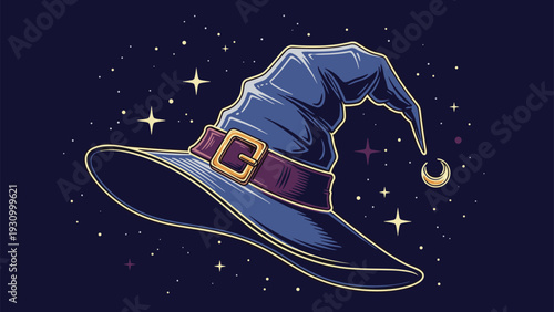 Pointed blue witch or wizard hat with a leather buckle floats in the magical starry night sky during Halloween season.