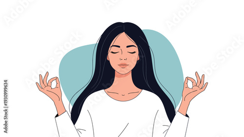 Serene young woman with long dark hair practices deep breathing and meditation for mental health and inner peace.