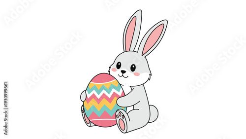Cute gray bunny sits happily while holding a large colorful decorated Easter egg for the upcoming spring celebration.
