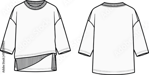 Technical fashion flat sketch of women’s long‑sleeve top with asymmetrical layered hem, striped inner detail, round neckline, three‑quarter sleeves, front and back garment illustration for apparel 