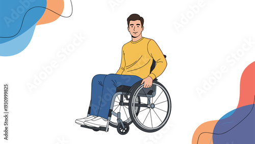 Confident man in a wheelchair sits in a relaxed pose in front of a modern abstract background with blue and orange shapes.
