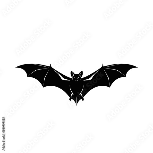Silhouette of a black bat with outstretched wings on a white background.
