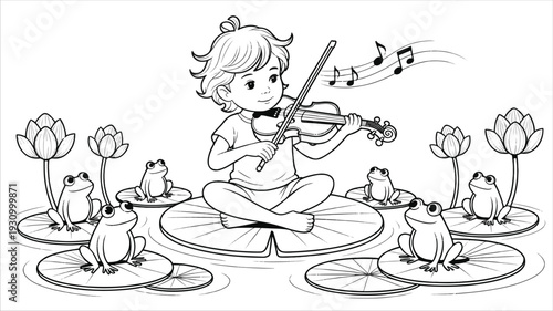 Whimsical Illustration of a Young Boy Playing Violin on a Lily Pad for Frogs Coloring Page