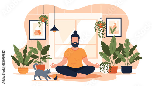Bearded man practices meditation in his cozy apartment filled with a lush collection of indoor house plants and his cat.
