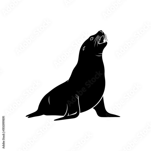 Silhouette of a sea lion with its mouth open against a white background.