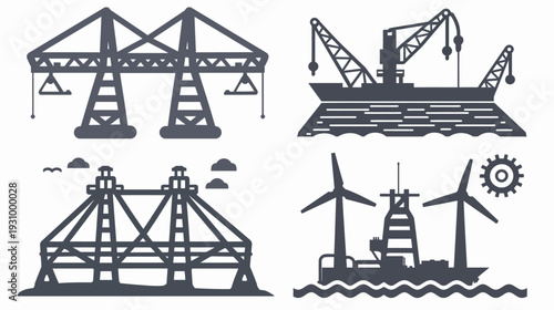 Collection of stylized illustrations depicting elements of industry, including cranes, structures, and wind turbines