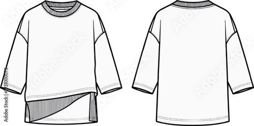 Technical fashion flat sketch of asymmetrical layered long‑sleeve top front and back views, garment construction illustration with striped inner layer, round neckline, stitching