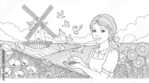 Country Girl Feeding Birds in a Scenic Flower Field with Windmill Coloring Page
