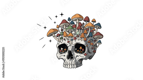 Artistic illustration of a human skull with many colorful mushrooms growing out of it on a plain white background.