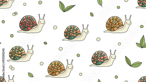 Charming seamless pattern of cute snails with colorful shells and green leaves on a white background for nursery decor.
