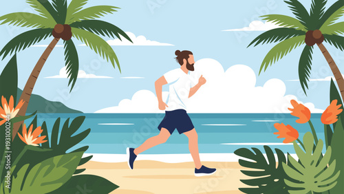 Active man with a man bun jogging along a tropical beach with palm trees and ocean in a flat vector illustration style.