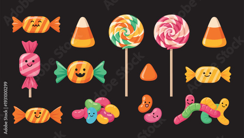 Assortment of colorful Halloween candies including lollipops, candy corn, gummy worms, and wrapped treats with cute faces.