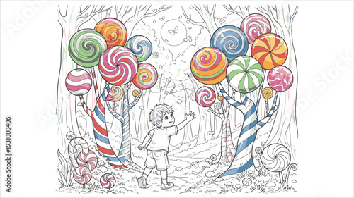 Whimsical Candy Forest Illustration with a Boy and Giant Swirly Lollipops