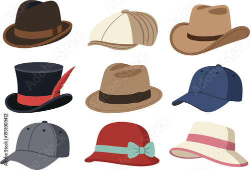 Fashion illustration of nine different hat styles arranged in grid, including fedora, trilby, cowboy, baseball cap, cloche, sunhat, top hat for apparel design