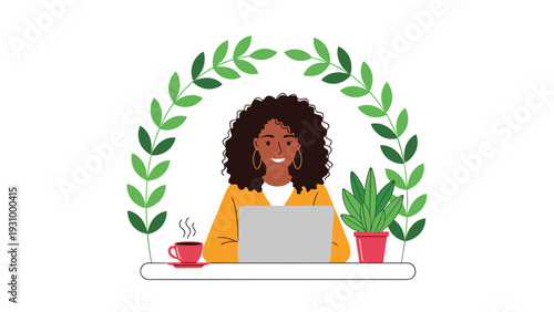 Smiling young woman with curly hair working on a laptop at a desk decorated with plants and a cup of hot coffee.