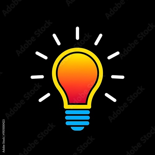 Vibrant lightbulb icon glows brightly on dark background with rays