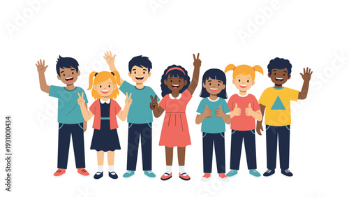 Group of diverse happy children standing together and waving or making peace signs in a friendly vector illustration.