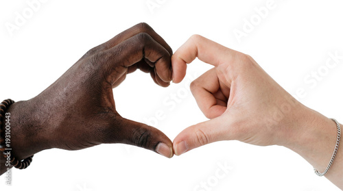 Two hands forming a heart, one black and one white, with no background.