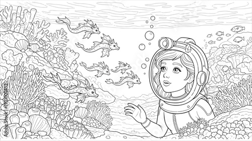 Young Girl Scuba Diver Exploring Coral Reef with Seahorses Coloring Page