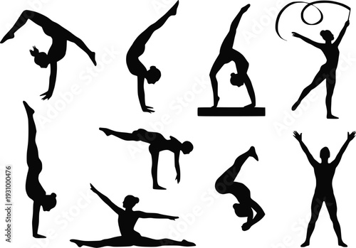 Gymnast silhouette collection action poses sports set