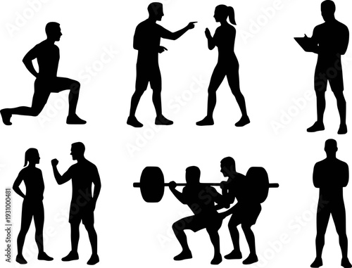 Personal trainer silhouette collection action poses set