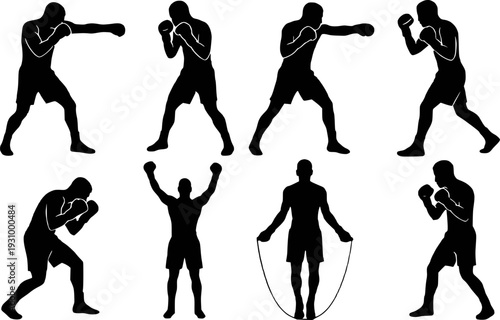 Boxer silhouette collection action poses sports set