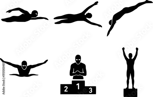 Swimmer silhouette collection action poses sports set