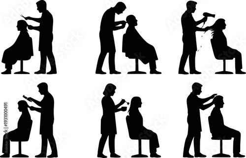 Hairdresser barber silhouette collection action poses set