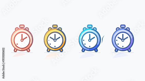 Four stylized alarm clocks in varying colors, with hands indicating different times, on a white background