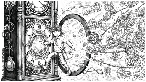 Steampunk Time Travel Adventure with a Young Explorer Stepping Through a Clock Portal