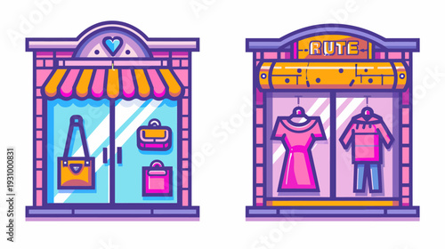 Two whimsical stylized shop fronts, one displaying accessories and the other clothes, vibrant colors