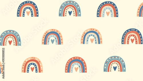 Sweet seamless pattern of simple rainbows with small hearts in warm muted colors on a light cream background for kids.